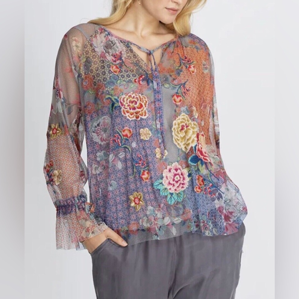 JOHNNY WAS Multi Floral Embroid Mesh " Calliop" Top
